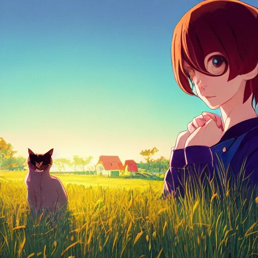 Image similar to portrait of a cat, farm field background, rich vivid colors, ambient lighting, dynamic lighting, 4k, HQ, official media, anime key visual, makoto shinkai, ilya kuvshinov, lois van baarle, rossdraws, detailed, trending on artstation