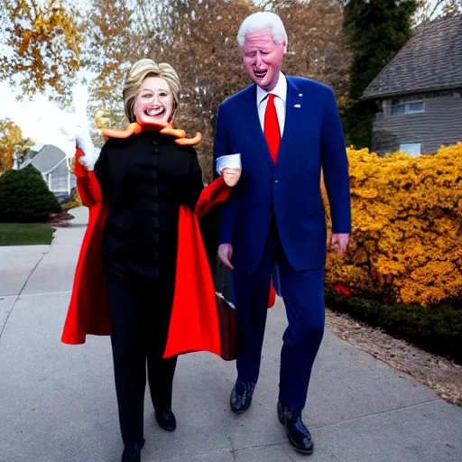 Prompt: Hillary and Bill Clinton dressed in Halloween costumes trick or treating at Joe Biden's house