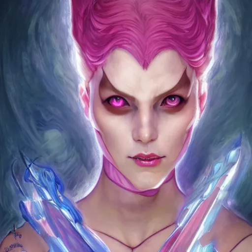 Image similar to Masterpiece head and shoulders portrait of Fiora from League of Legends of Arcane animated Series as demon with glowing eyes with pink and blue short hair and arcane armor drawn by Donato Giancola and Tom Bagshaw, Edmund Leighton, Alphonse Mucha, background by James Jean and Gustav Klimt, 4k, porcelain skin, volumetric lighting, komorebi, french nouveau, trending on artstation, octane render, hyperrealistic