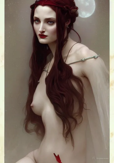 Prompt: sansa angeline jolie gessica chastain vampire, intricate, elegant, highly detailed, digital painting, artstation, concept art, smooth, sharp focus, illustration, art by artgerm and greg rutkowski and alphonse mucha and william - adolphe bouguereau