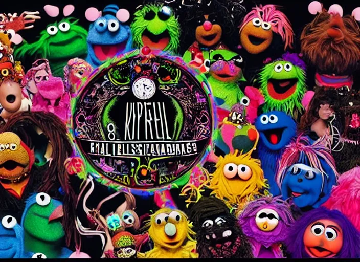 Image similar to 8k hyper realistic detailed image, swirl, unholy Cookie Monster rites in a coven of Muppets, Black Frank the goat and neon pentagram in the center, rich deep colors, neon colors, cinematic shot by Alfonso Cuaron, part by Gaspar Noe, part by stanley kubrick, ultra detailed