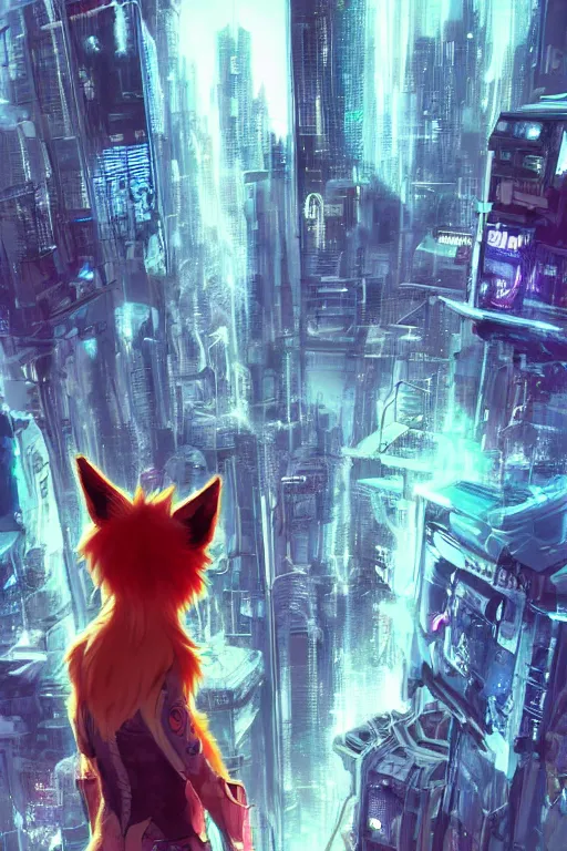 Image similar to a cyberpunk anthropomorphic fox with a fluffy tail staring over a futuristic city from the top of a roof, comic art, trending on furaffinity, cyberpunk, backlighting, cartoon, by kawacy, anime!!!