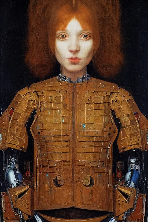 Prompt: a close - up portrait of a cyberpunk cyborg girl, by jan van eyck, rule of thirds