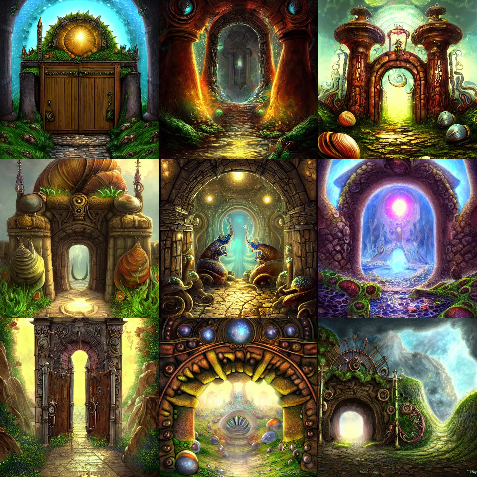 Prompt: The gate to the eternal kingdom of snails, fantasy, digital art, HD, detailed.