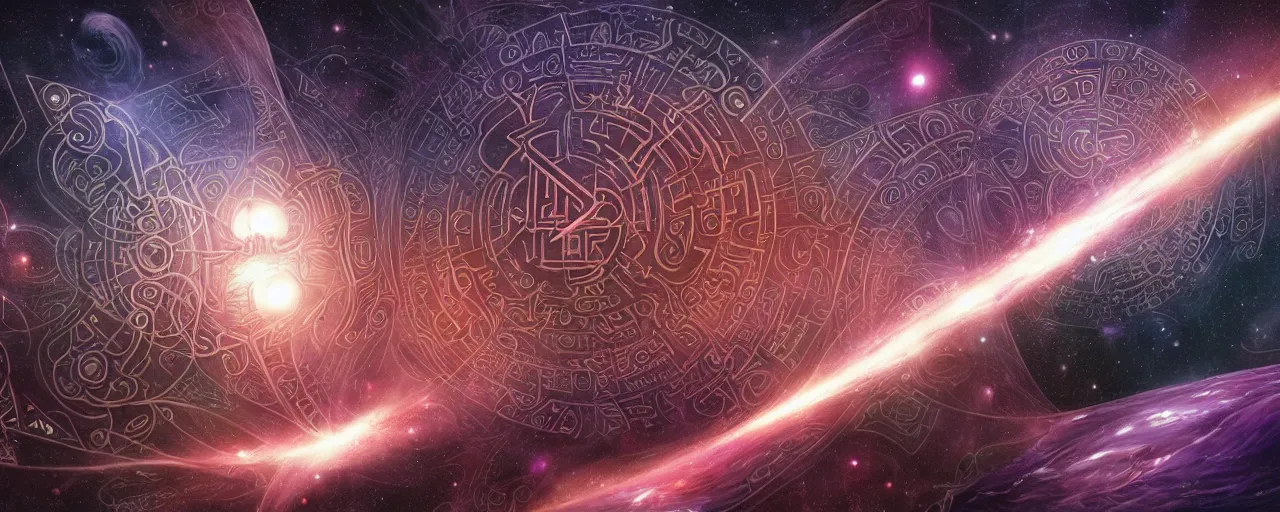 Image similar to void manifold, timeline nexus, ascending universes, shining nordic runes, galaxy worth of computation, an illustration of philosophical concept by cgsociety and james gurney