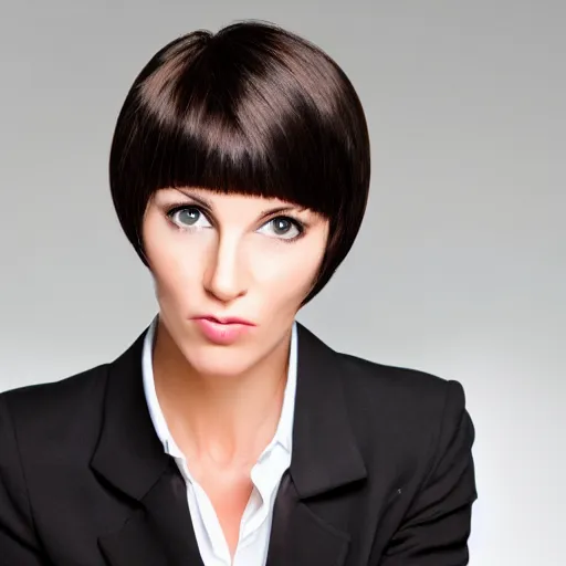 Image similar to brunette woman, black business suit, green eyes, short hair with flipped out hairstyle