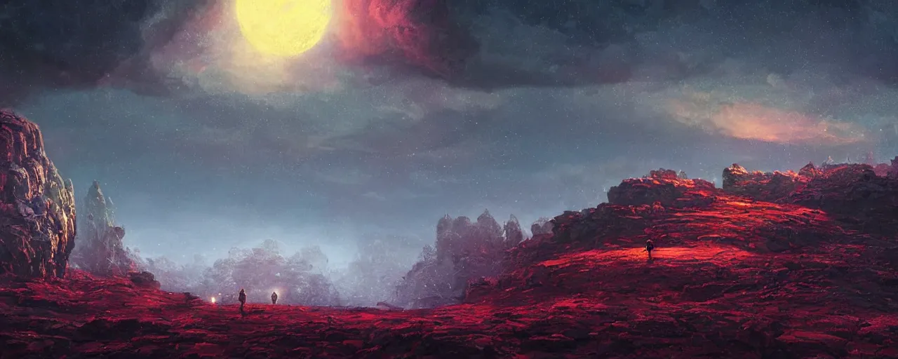 Image similar to ” rocky landscape at pitchblack moonlit night, [ cinematic, detailed, epic, widescreen, opening, establishing, mattepainting, photorealistic, realistic textures, octane render, art by wlop and paul lehr ] ”