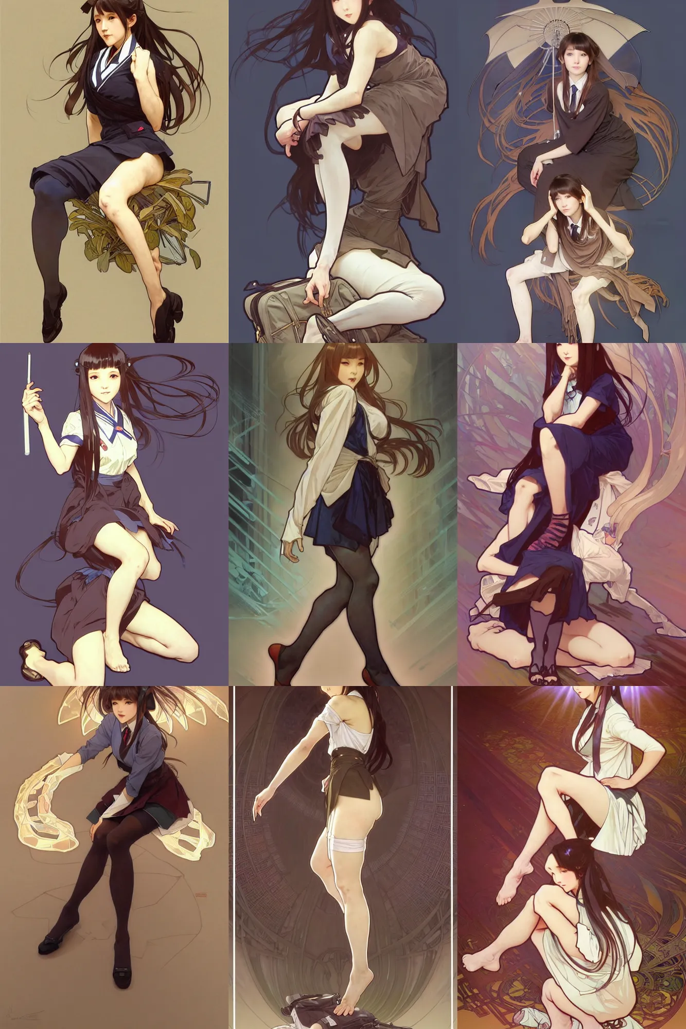 Image similar to a digital concept art by artgerm and greg rutkowski and alphonse mucha. full body!! clear portrait of a squatting attractive japanese school girl in uniform!! sit on floor!! knee length stockings ， school bag, light effect. hyper detailed, character concept, glowing lights!! intricate, elegant, digital painting, artstation, smooth, sharp focus