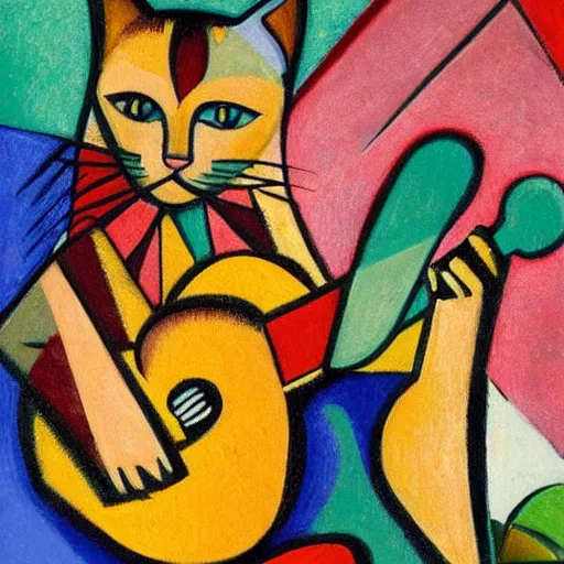 Prompt: cat with lute, sitting in the rose garden, cubism, close up
