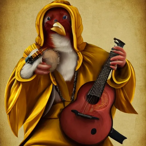 Prompt: an anthropomorphic cockatiel bard, yellow robe, playing a mandolin, digital art, d & d, character art, trending on artstation