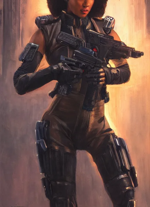 Image similar to black chun li. cyberpunk police trooper in a military vest ( blade runner 2 0 4 9, cyberpunk 2 0 7 7 ). orientalist portrait by john william waterhouse and james gurney and theodore ralli and nasreddine dinet, oil on canvas. cinematic, hyper realism, realistic proportions, dramatic lighting, high detail 4 k