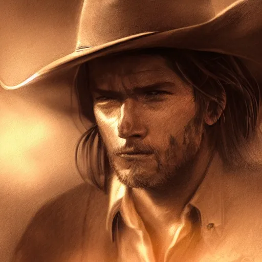 Image similar to portrait, a last stand of a cowboy, painting, dramatic lighting, cinematic, establishing shot, extremely high detail, foto realistic, cinematic lighting, pen and ink, intricate line drawings, post processed, concept art, artstation, matte painting, concept art, DeviantArt, art station, illustration highly detailed