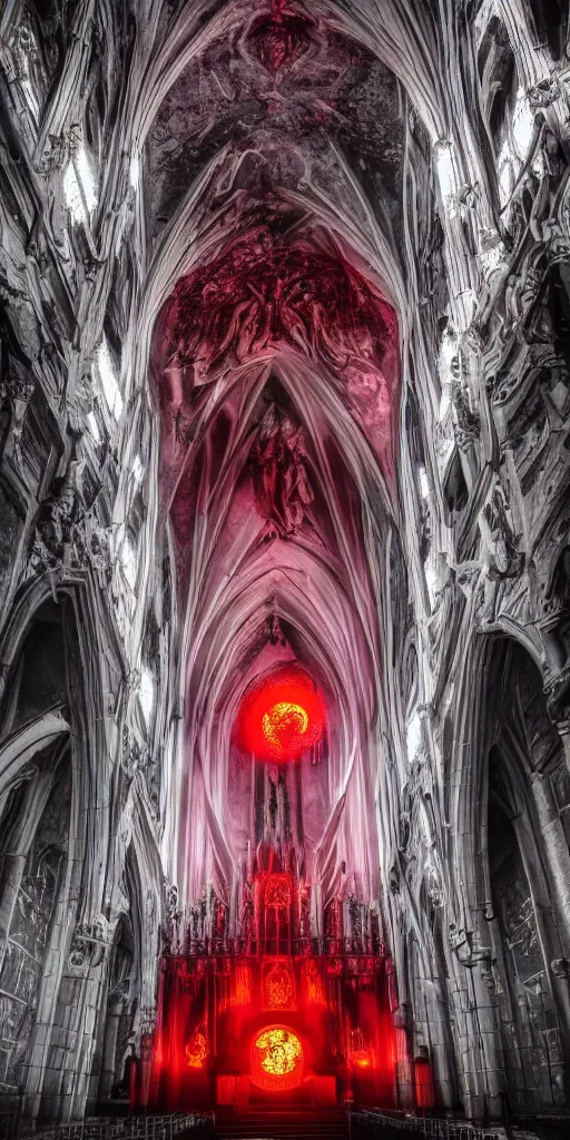 Prompt: satanic church with a red lighting of the interior illuminated by the moon : : ultra mystic : : cinematic