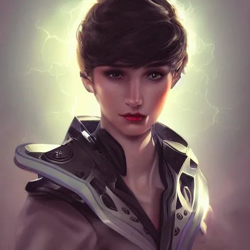 Prompt: portrait of a beautiful dark - haired androgynous space ranger, soft lightning, high detailed, detailed face, detailed eyes, intricate, elegant, smooth, sharp focus, high contrast, dramatic lighting, artstation, art by valentina remenar,