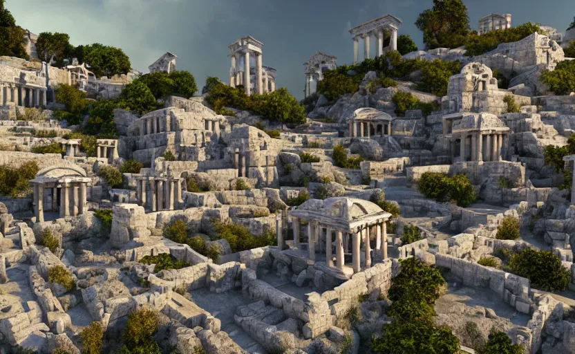 Image similar to ancient greek inspired robotic village, white, purple roofs, beams, tubes, pipes, built on a steep hill, on top of the hill is a greek temple, pillars, technology, in the style of Pixar, hyper realistic, Unreal Engine 5, octane render, trending on art station