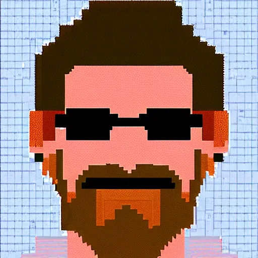 Prompt: pixel art of ted kaczynski smiling