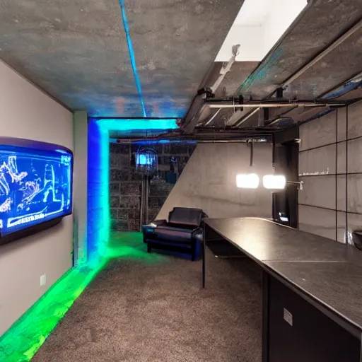 Image similar to a cyberpunk themed basement