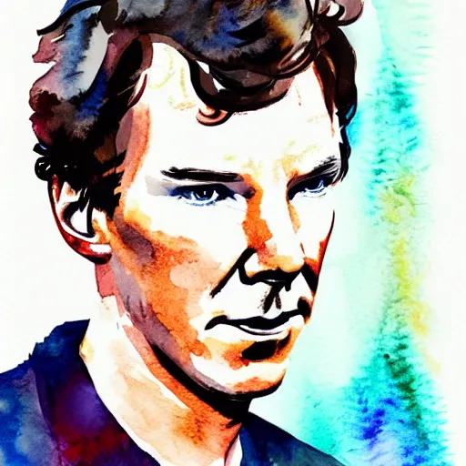 Prompt: a water color character portrait of benedict cumberbatch, society 6, by wes anderson