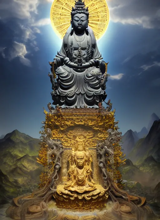 Image similar to guanyin stand on big loutus, a godness of the southern seas, a realistic setting with muted colors, visual novel cover, by yoshitaka amano, zeng fanzhi, jane hamilton, tiffany studios, sunrays shine uponit, frostbite 3 engine, cryengine, dof, trending on artstation, digital art, fantasy detailed background