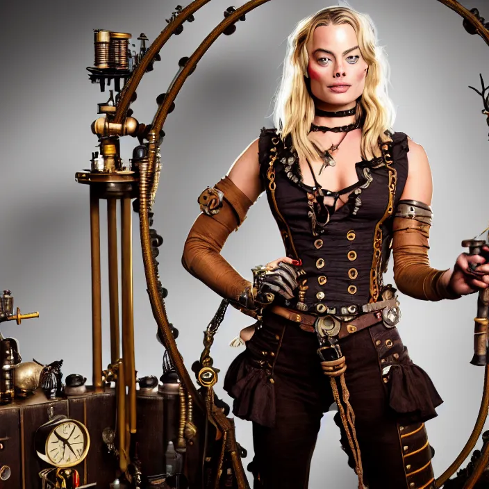 Image similar to full body photograph of margot robbie as a steampunk pirate. Extremely detailed. 8k