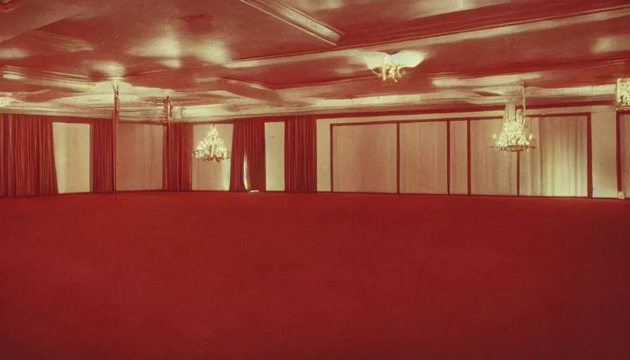 Prompt: 70s movie still of a ballroom with a very high ceiling, cinestill 800t Technicolor, heavy grain, high quality, criterion collection, liminal space style