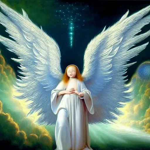 Image similar to highdetailed hyperrealistic painting of white angel!!! no gender!!!, giant ball of miracle light from the chest!!!!!, white sparkles everywhere, 4 k hd fur face!!!, big wings, by jan van eyck, holography space, glow effect, large strokes, white monochrome color!!!!!