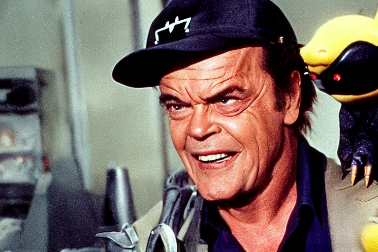 Image similar to Jack Nicholson plays Terminator Pikachu, scene where his inner exoskeleton is visible and his eye glows red