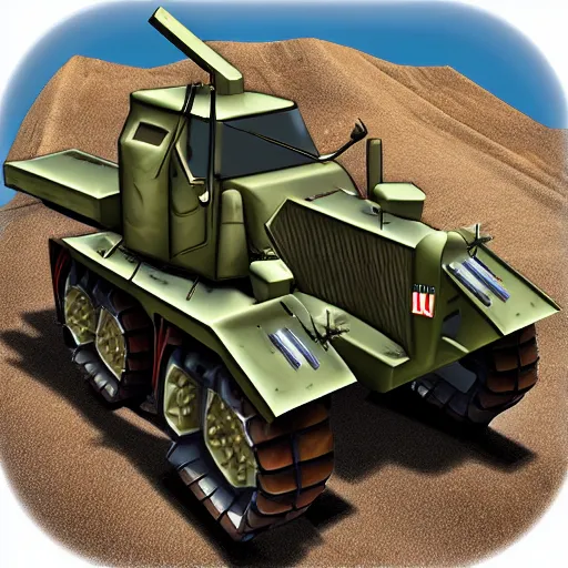 Image similar to armored! battle tractor! with plow! and weapons!, realistic, detailed, military