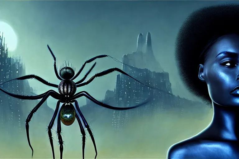 Prompt: realistic detailed photorealistic film portrait shot of a beautiful black woman with a giant spider, sci - fi city landscape background by denis villeneuve, amano, yves tanguy, alphonse mucha, ernst haeckel, max ernst, andrei tarkovsky, edward robert hughes, roger dean, necklace, dynamic pose, rich moody colours, wide angle, blue eyes