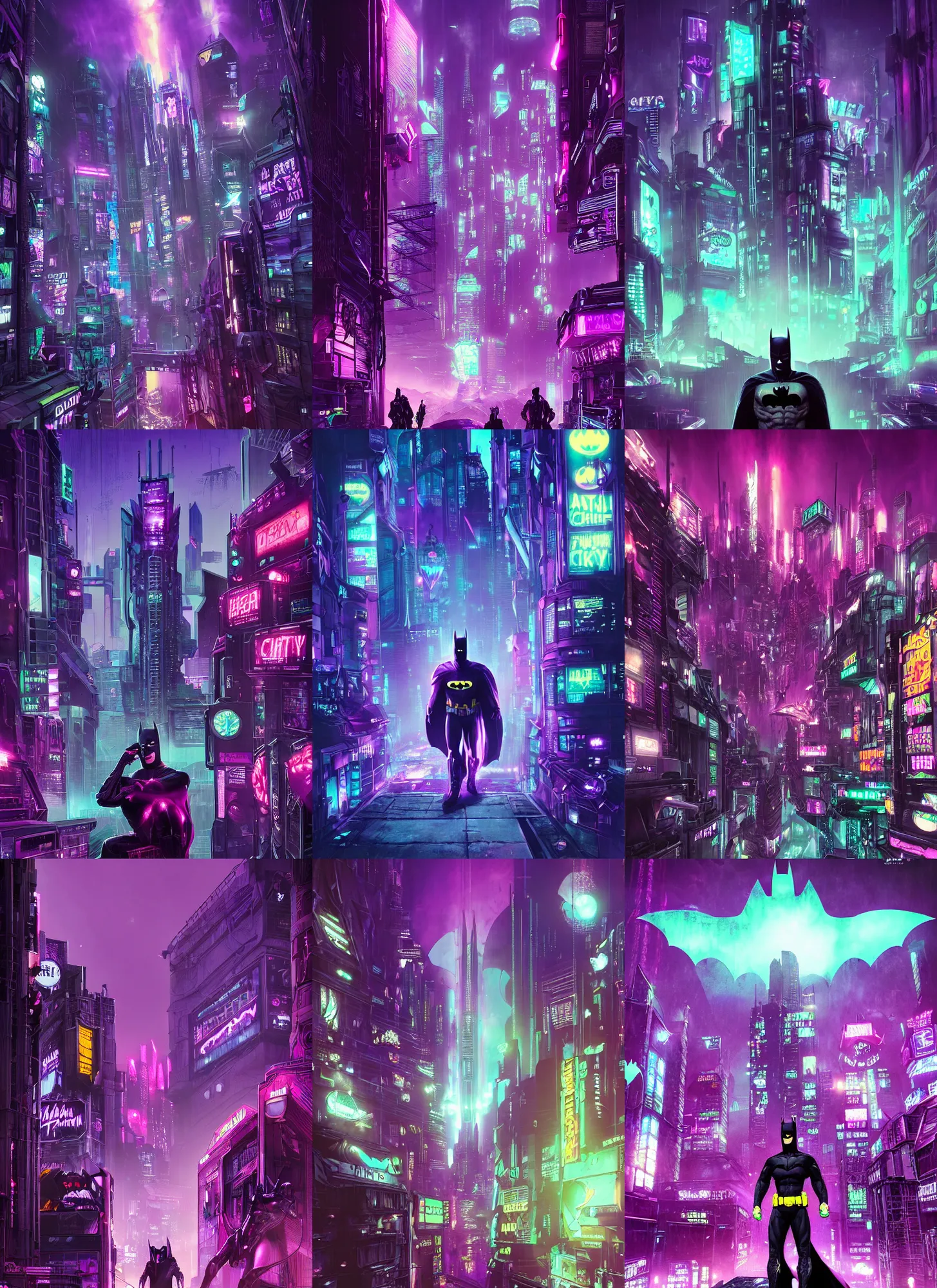 Prompt: a caption of batman arkham scifi neon city in front of a purple background, cyberpunk art by dan mumford, drulliet, greg rutkowski, behance contest winner, shock art, reimagined by industrial light and magic, aesthetic neon, synthwave, darksynth