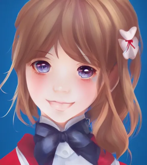 Image similar to portrait of Sayori from Doki Doki Literature Club, detailed facial features, optimistic colors, bright eyes, clear eyes, warm smile, delicate, red bow, school girl, by artgerm