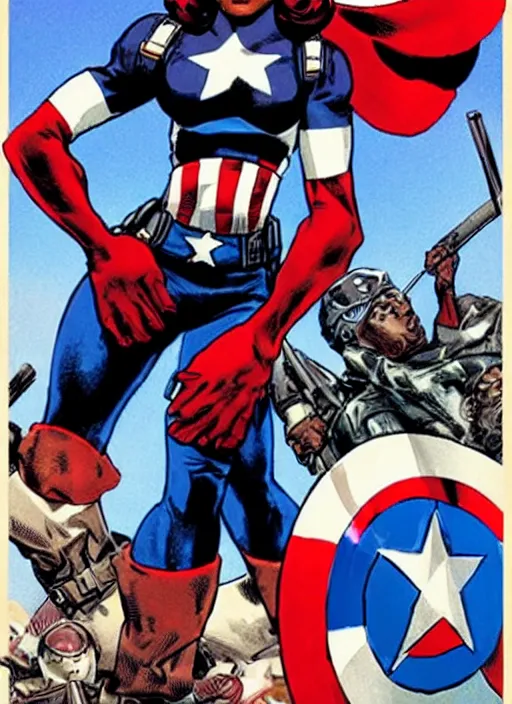 Prompt: black female captain america standing on a pile of defeated ss soldiers. feminist captain america wins ww 2. american ww 2 propaganda poster by rob liefeld, masamune shirow and pixar. gorgeous face. pin up. overwatch.