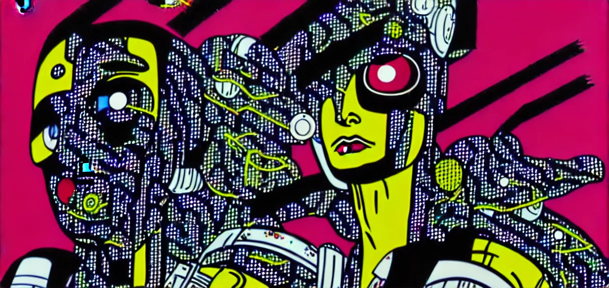 Image similar to ⚠ 👽 💉 ☠ 💢 😱 futuristic japanese cyberpunk by roy lichtenstein, by andy warhol, ben - day dots, pop art, bladerunner, pixiv contest winner, cyberpunk style, cyberpunk color scheme, mechanical, high resolution, hd, intricate detail, fine detail, 8 k