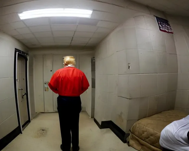 Image similar to Reuters Photograph of Donald Trump in jail cell, eating a cheeseburger, uhd, 8k, wide angle lense, fisheye.