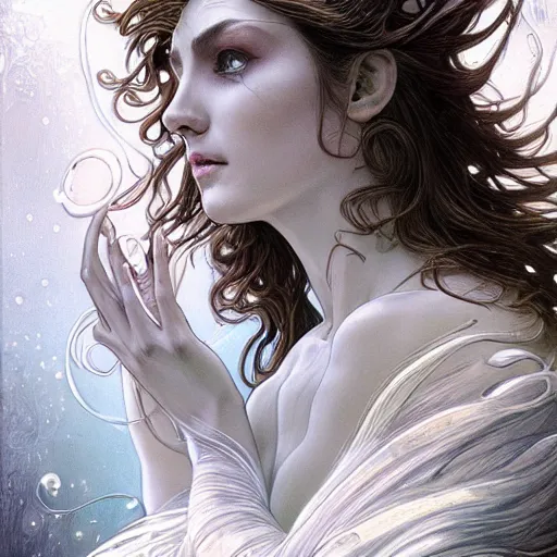 Image similar to a photograpic portrait of a anthropomorphic bioluminescent water wave wearing white clothes, fantasy, intricate, elegant, highly detailed, digital painting, artstation, concept art, smooth, sharp focus, illustration, art by artgerm and h r giger and alphonse mucha