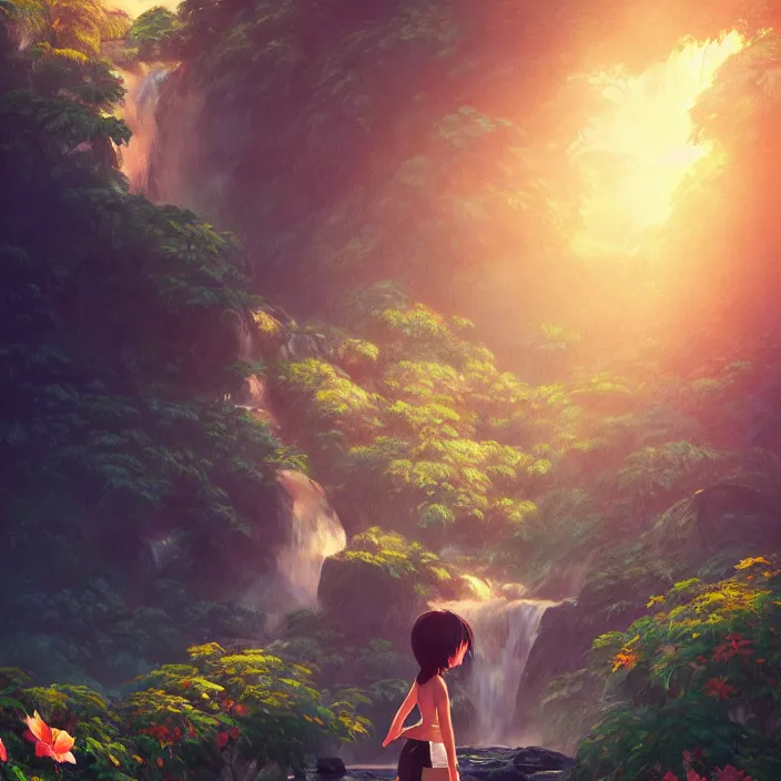 Image similar to an epic makoto shinkai and renoir landscape with a hawaiian waterfall, golden hour, 🌺, a beautiful woman with long brown hair, ultra smooth, octane render, lois van baarle, ilya kuvshinov