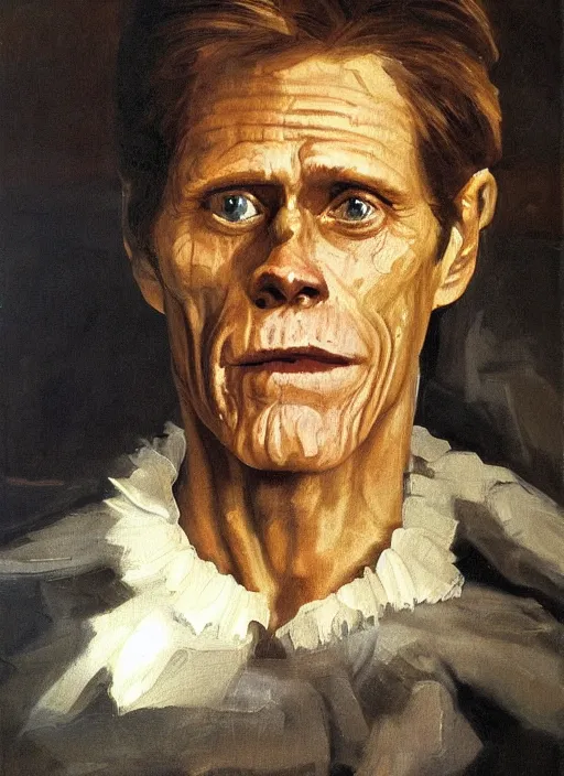 Image similar to regal painting of willem dafoe, renaissance oil painting, studious