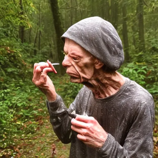 Prompt: gollum smoking cig in rain, trail cam