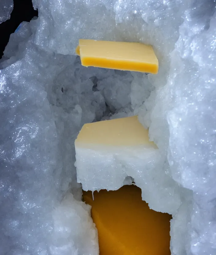 Prompt: cheese inside an ice cavern, 33mm photo