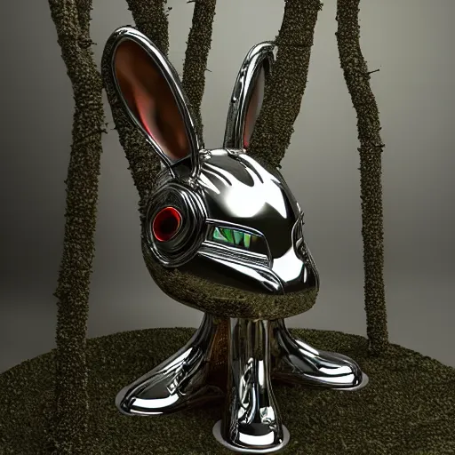 Prompt: chrome bunny made of corvette parts in a lush forest :: moody, ornate, dynamic, particulate, intricate, elegant, highly detailed, centered, artstation, smooth, sharp focus, octane render