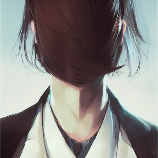 Image similar to portrait of a beautiful korean girl wearing a men's tuxedo, with bangs, very long hair and bangs, angular features, angry expression, dramatic lighting, illustration by Greg rutkowski, yoji shinkawa, 4k, digital art, concept art, trending on artstation