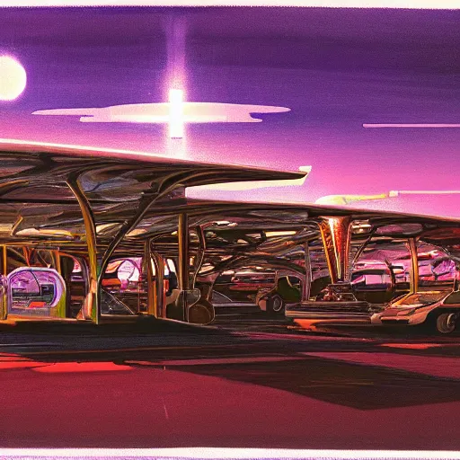 Prompt: painting of syd mead artlilery scifi organic shaped gas station with ornate metal work lands on a farm, floral ornaments, volumetric lights, purple sun, tomas sanchez