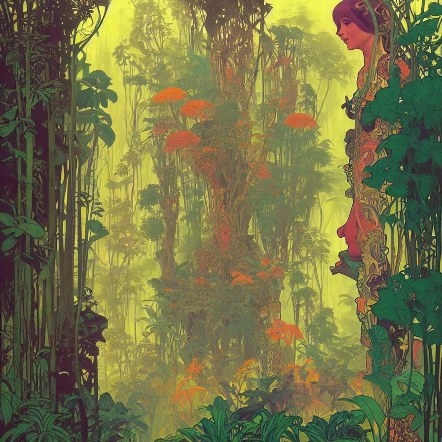 Image similar to surreal glimpse, malaysia jungle, summer morning, very coherent and colorful high contrast pastel art by gediminas pranckevicius alphonse mucha james gilleard james gurney floralpunk screen printing woodblock, dark shadows, hard lighting, stippling dots, art nouveau