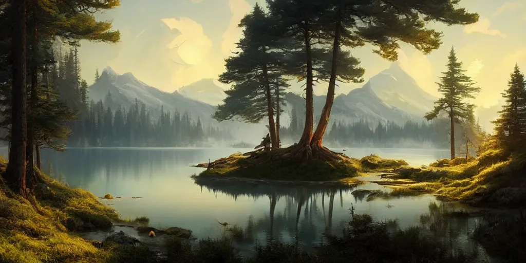 Prompt: landscape of a lake with a pine forested island in the middle, cinematic view, blue sky, detailed, high detail, realistic, warm lighting, volumetric, godrays, vivid, artstation, digital painting by jordan grimmer and greg rutkowski