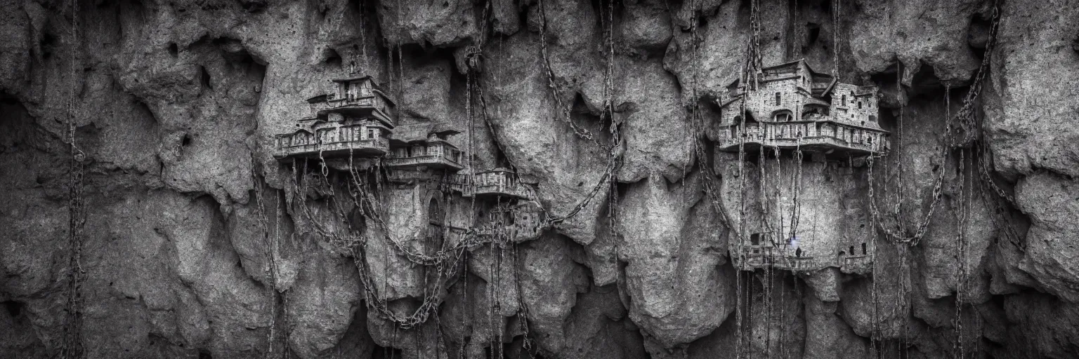 Prompt: floating castle hanging by chains in the air, inside a gorge, below only cloud dark void, 8k resolution