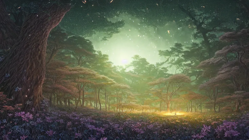 Prompt: highly detailed illustration of an old giant forest with fireflies at night by makoto shinkai, by oliver vernon, by joseph moncada, by damon soule, by manabu ikeda, by kyle hotz, by dan mumford, by otomo, 4 k resolution