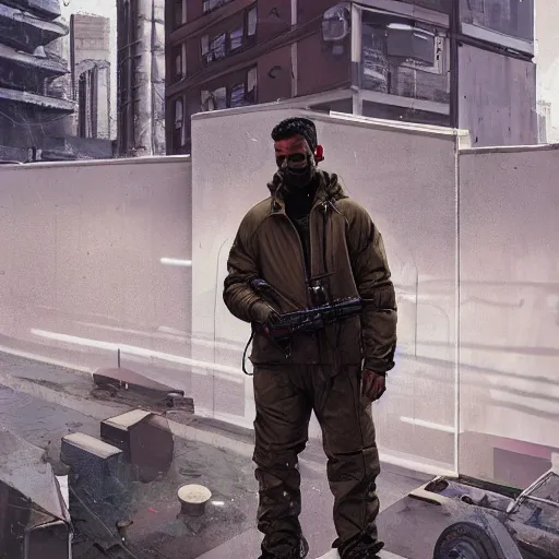 Image similar to A broad shouldered, muscular man wearing Acronym p-31 Ds pants and beige-earth Parka jacket and Nike Acronym presto sneakers, rooftop, sniper rifle stationed in background, Police sirens shining in far background, trending on r/techwearclothing, high quality, digital art, dirty cyberpunk city, rain, greg rutkowski