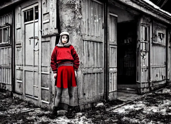 Image similar to 2 0 years old female gopnik, soviet yard, typical russian atmosphere, symmetrical, cinematic, real photography