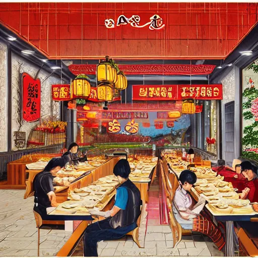 Image similar to a beautiful hyperdetailed interior 4 k hd wallpaper illustration of roasted string hotpot restaurant restaurant yan'an, corner, simple style, wall painting, from china, with merchant logo, people are eating kebabs, fine delicate structure, surrealistic, chinese style, victo ngai