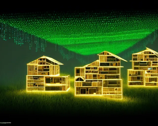 Image similar to connected ecovillage houses - plant goddess high quality photo, microchip, artificial intelligence, bio - mechanical bio - luminescence, black wired cables, neurons, nerve cells, cinematic, rim light, photo - realistic, elegant, high detail, 8 k, masterpiece, high fashion, in the style of man ray